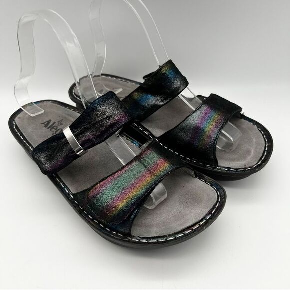 Alegria Karmen Black Metallic Rainbow Leather Slip On Slide Platform Sandals 38 - Picture 2 of 13